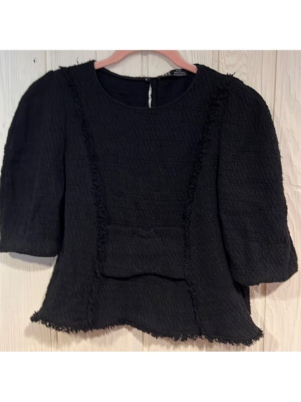 ZARA Black Short Sleeve Top Fringe Size Small